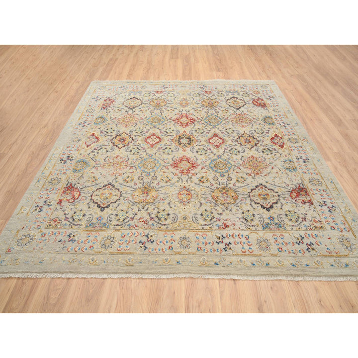 8'0" x 8'1" New Hand Knotted Beige Wool & Pure Silk Square Oriental Rug - MOA10264330