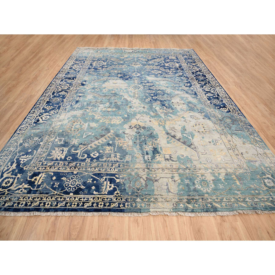 10'0" x 13'10" New Hand Knotted Teal Wool & Silk Rectangle Oriental Rug - MOA10264332