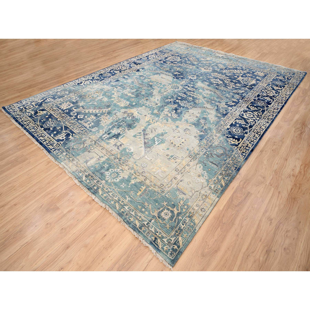 10'0" x 13'10" New Hand Knotted Teal Wool & Silk Rectangle Oriental Rug - MOA10264332