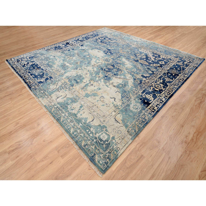 10'0" x 10'0" New Hand Knotted Teal Wool & Silk Square Oriental Rug - MOA10264334