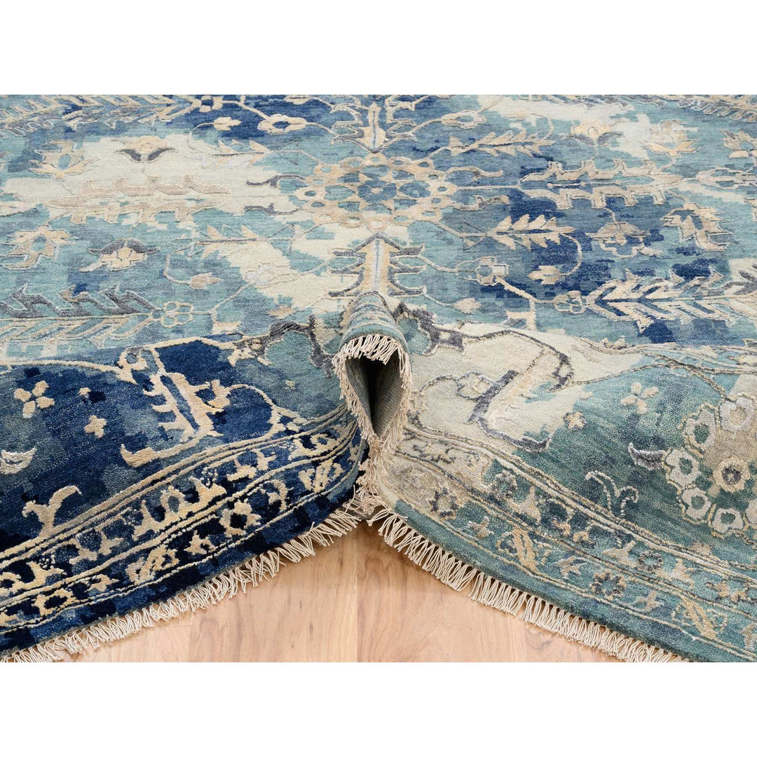 10'0" x 10'0" New Hand Knotted Teal Wool & Silk Square Oriental Rug - MOA10264334