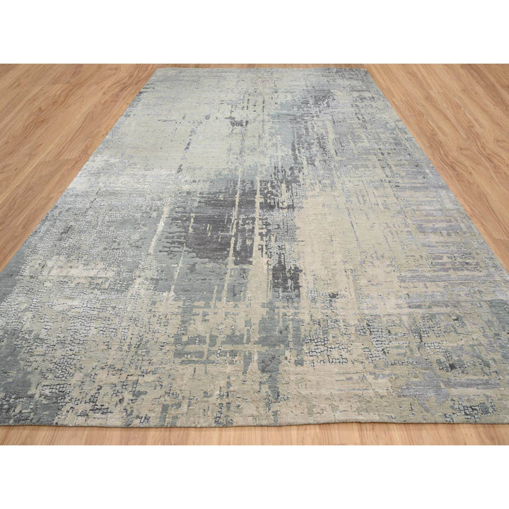 12'1" x 17'10" New Hand Knotted Grey Wool & Silk Rectangle Oriental Rug - MOA10264337