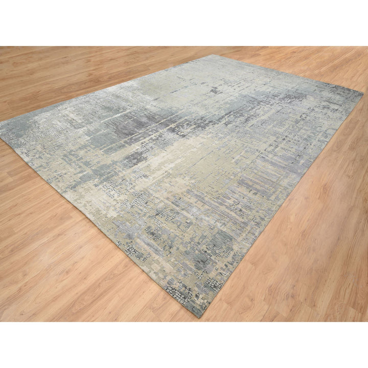 12'1" x 17'10" New Hand Knotted Grey Wool & Silk Rectangle Oriental Rug - MOA10264337