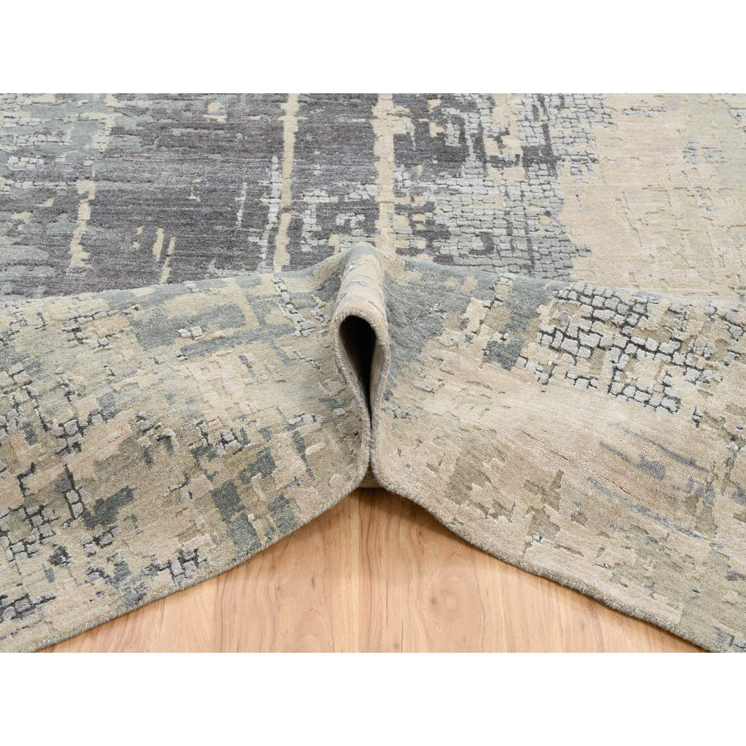 12'1" x 17'10" New Hand Knotted Grey Wool & Silk Rectangle Oriental Rug - MOA10264337