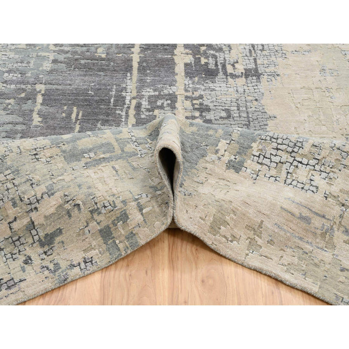 12'1" x 17'10" New Hand Knotted Grey Wool & Silk Rectangle Oriental Rug - MOA10264337