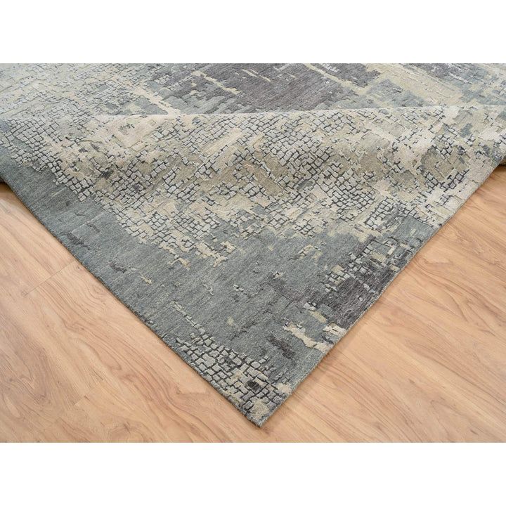 12'1" x 17'10" New Hand Knotted Grey Wool & Silk Rectangle Oriental Rug - MOA10264337