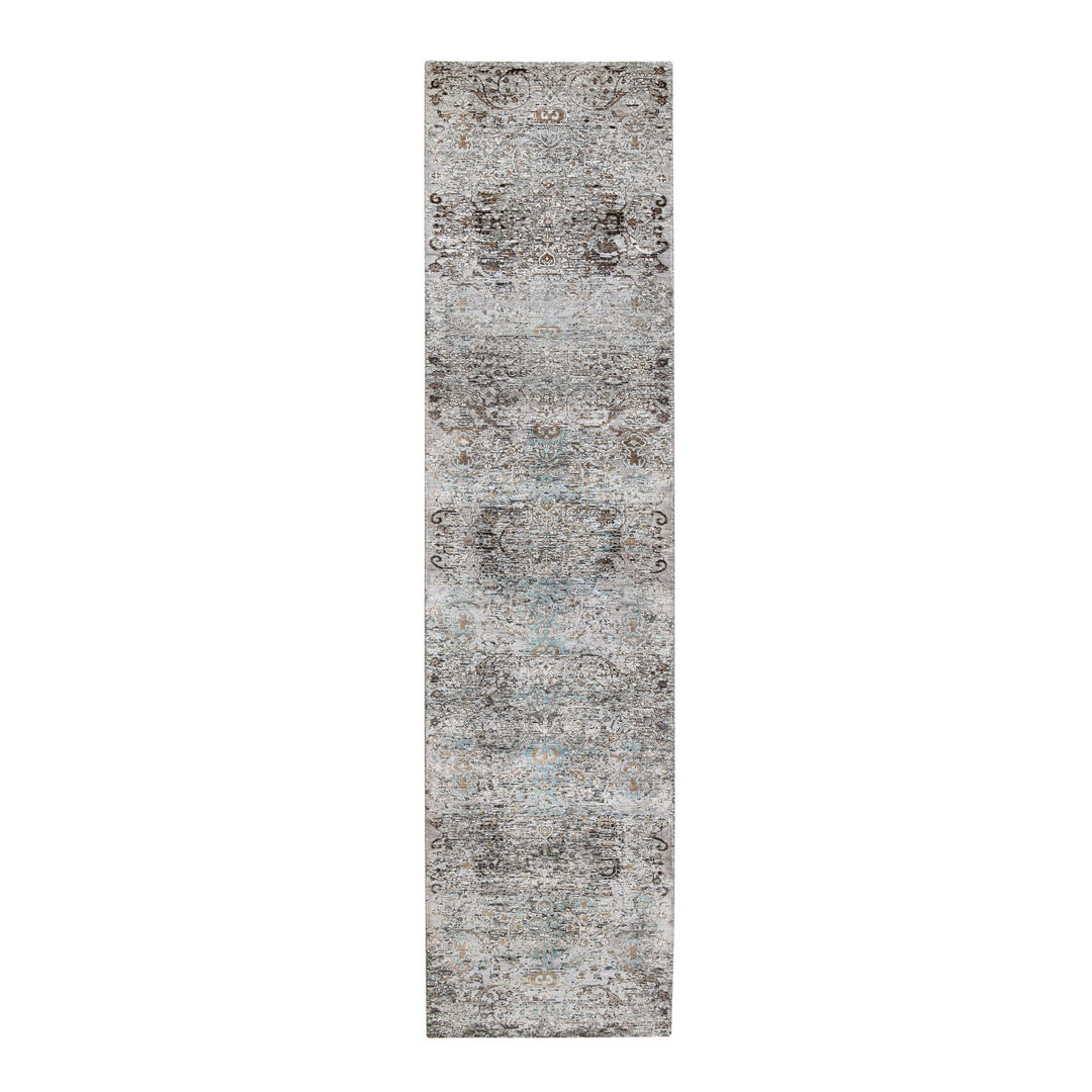 2'8" x 12'1" New Hand Knotted Grey Wool & Silk Runner Oriental Rug - MOA10264406