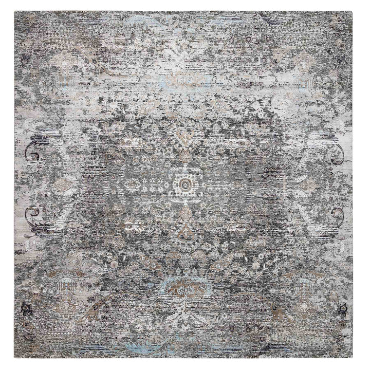 10'0" x 10'3" New Hand Knotted Grey Wool & Silk Square Oriental Rug - MOA10264414