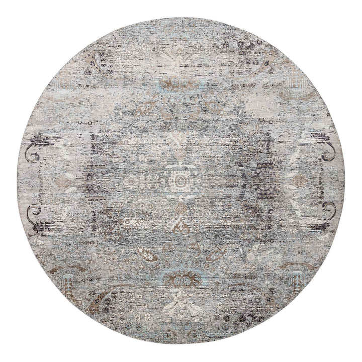 10'0" x 10'3" New Hand Knotted Grey Wool & Silk Round Oriental Rug - MOA10264415