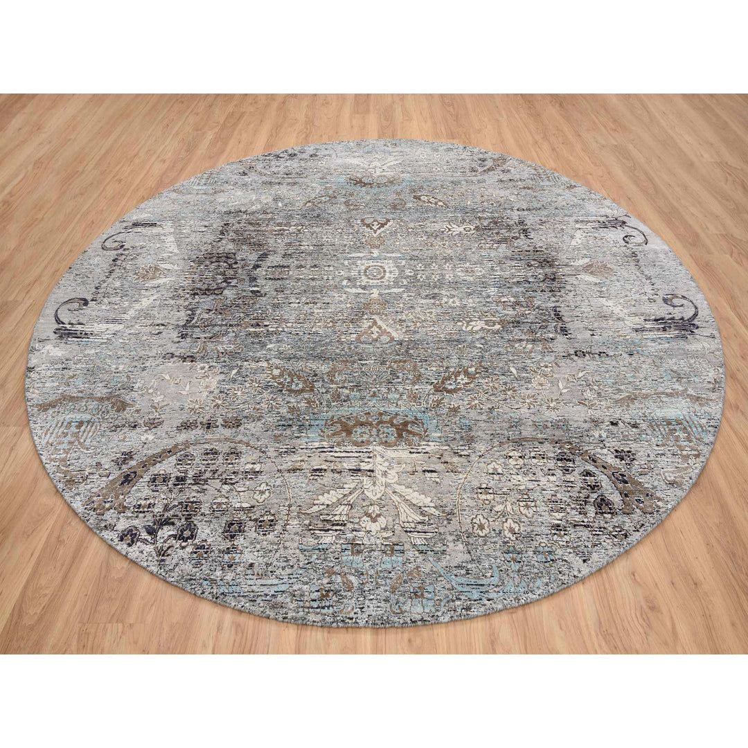 10'0" x 10'3" New Hand Knotted Grey Wool & Silk Round Oriental Rug - MOA10264415