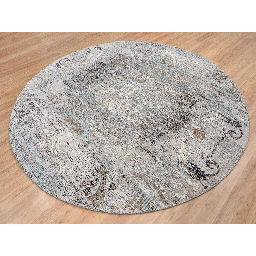 10'0" x 10'3" New Hand Knotted Grey Wool & Silk Round Oriental Rug - MOA10264415