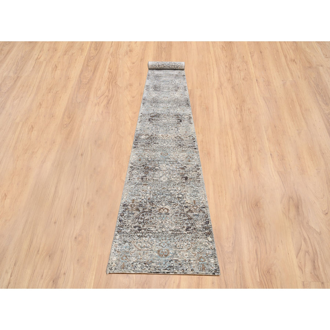 2'6" x 20'0" New Hand Knotted Grey Wool & Silk Runner Oriental Rug - MOA10264424