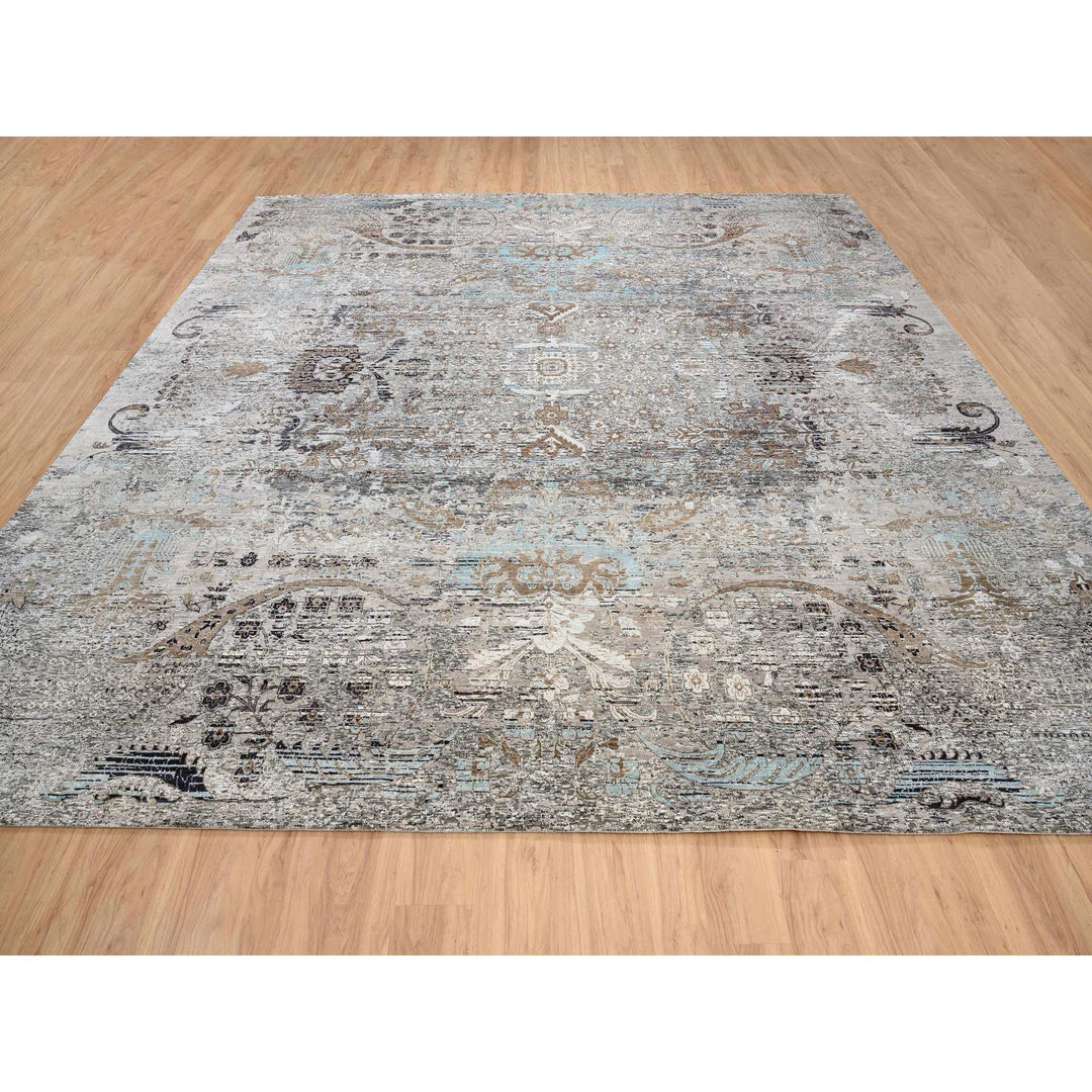 14'0" x 14'1" New Hand Knotted Grey Wool & Silk Square Oriental Rug - MOA10264442