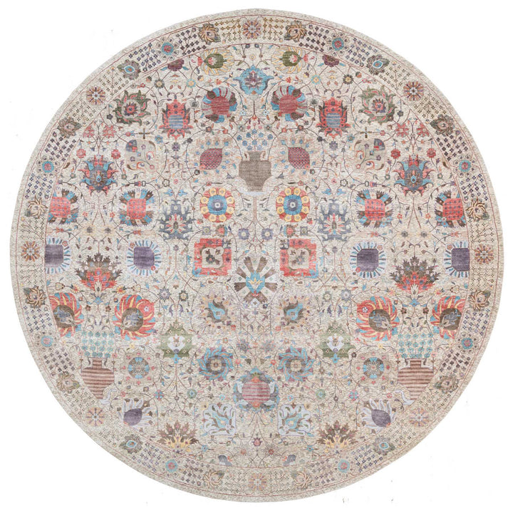 14'1" x 14'1" New Hand Knotted Multicolored Wool & Silk Round Oriental Rug - MOA10264443