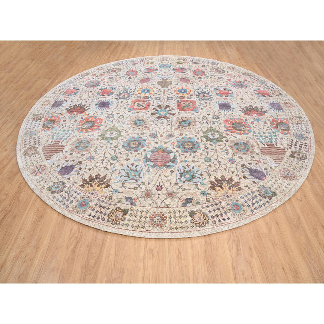 14'1" x 14'1" New Hand Knotted Multicolored Wool & Silk Round Oriental Rug - MOA10264443