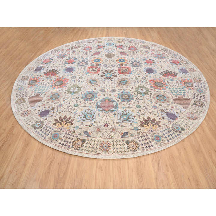 14'1" x 14'1" New Hand Knotted Multicolored Wool & Silk Round Oriental Rug - MOA10264443