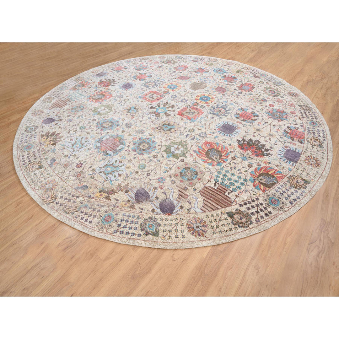 14'1" x 14'1" New Hand Knotted Multicolored Wool & Silk Round Oriental Rug - MOA10264443