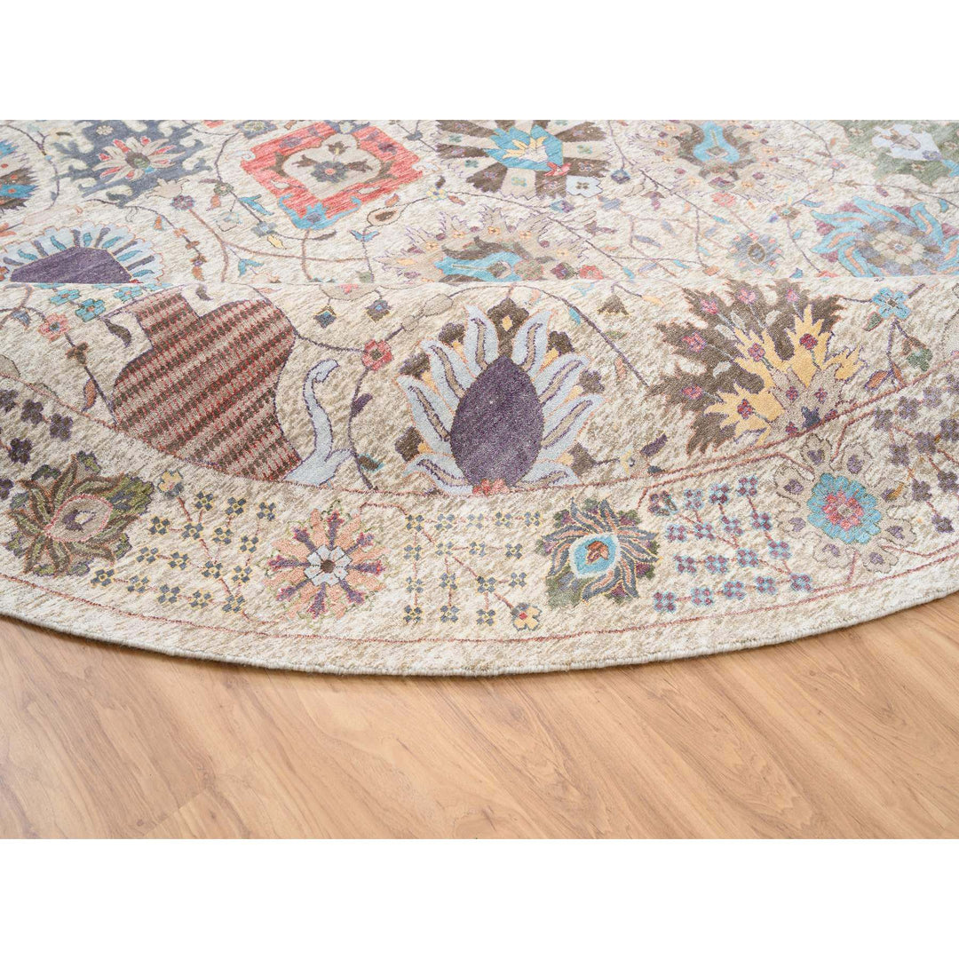 14'1" x 14'1" New Hand Knotted Multicolored Wool & Silk Round Oriental Rug - MOA10264443