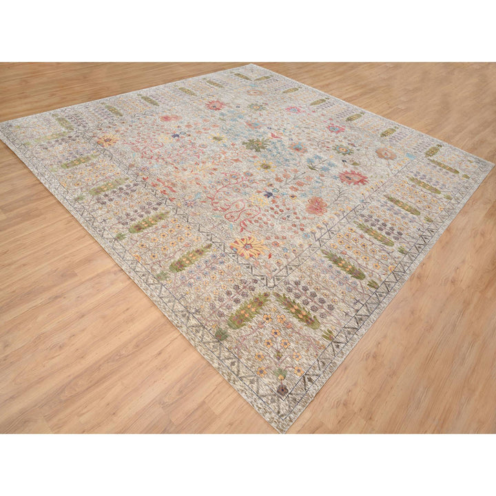 14'1" x 14'0" New Hand Knotted Beige Wool & Silk Square Oriental Rug - MOA10264449