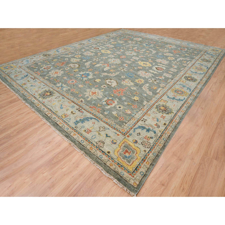 14'2" x 18'1" New Hand Knotted Green Wool Rectangle Oriental Rug - MOA10264532