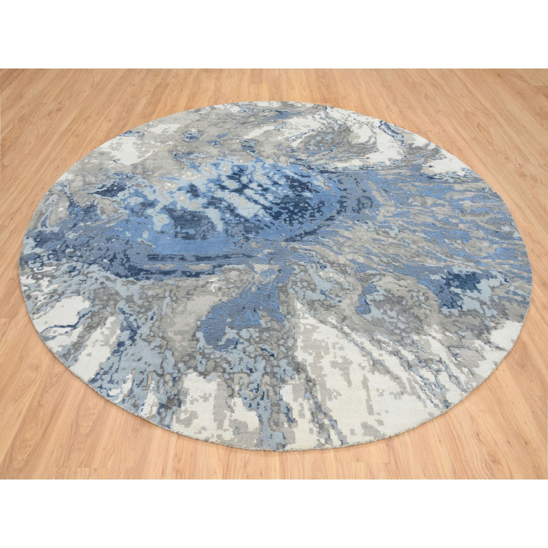 9'9" x 9'9" New Hand Knotted Blue Wool & Silk Round Oriental Rug - MOA10264548