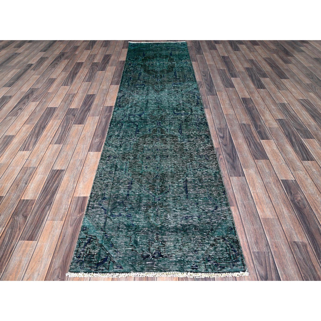 2'6" x 9'8" Vintage Hand Knotted Green Wool Runner Oriental Rug - MOA102645