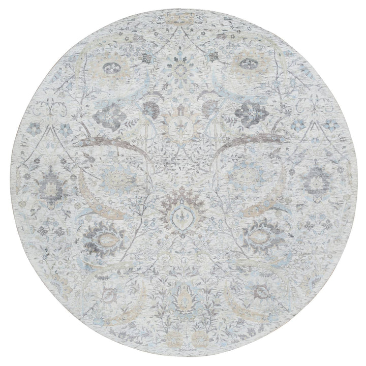 9'9" x 9'9" New Hand Knotted Ivory Wool & Silk Round Oriental Rug - MOA10264662