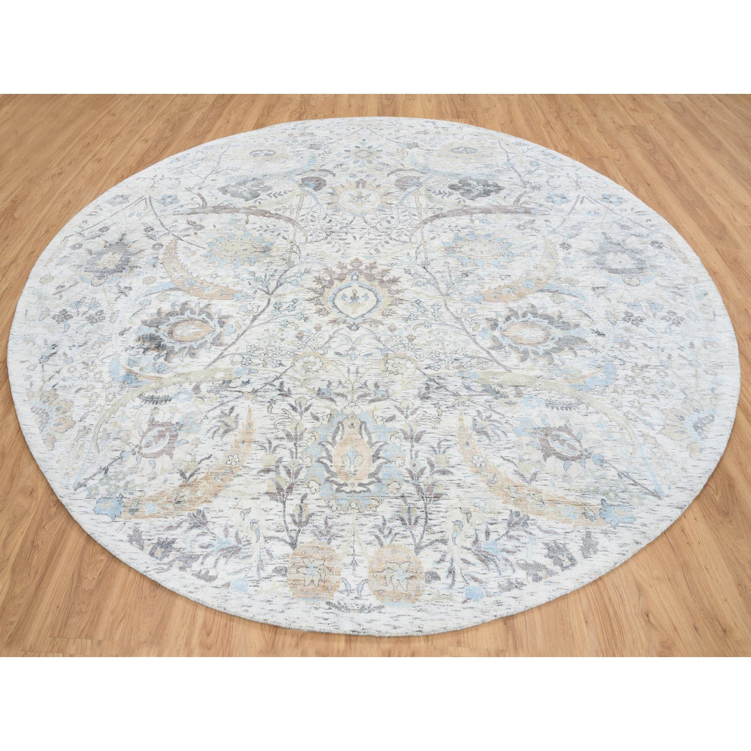 9'9" x 9'9" New Hand Knotted Ivory Wool & Silk Round Oriental Rug - MOA10264662