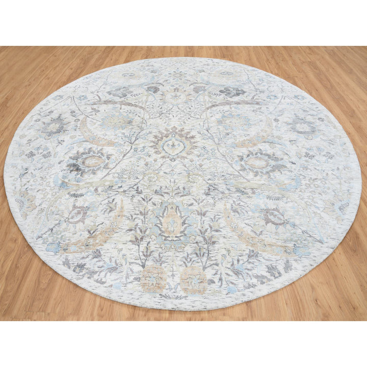 9'9" x 9'9" New Hand Knotted Ivory Wool & Silk Round Oriental Rug - MOA10264662