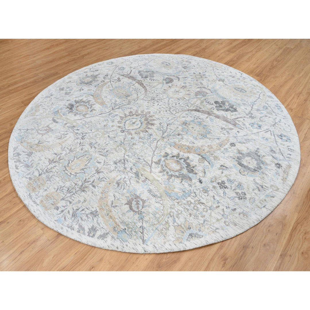 9'9" x 9'9" New Hand Knotted Ivory Wool & Silk Round Oriental Rug - MOA10264662