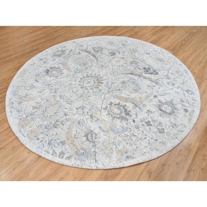 9'9" x 9'9" New Hand Knotted Ivory Wool & Silk Round Oriental Rug - MOA10264662