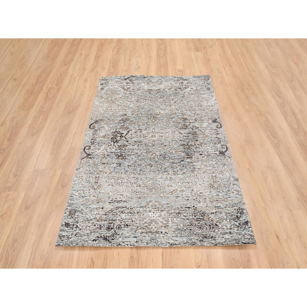 4'1" x 6'0" New Hand Knotted Grey Wool & Silk Rectangle Oriental Rug - MOA10264679