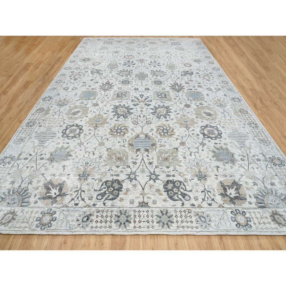 12'1" x 18'3" New Hand Knotted Ivory Wool & Silk Rectangle Oriental Rug - MOA10264681