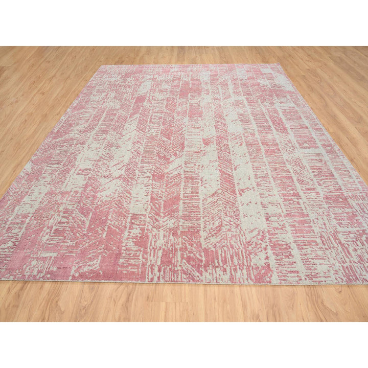 9'0" x 11'10" New Hand Loomed Pink Wool & Silk Rectangle Oriental Rug - MOA10264807