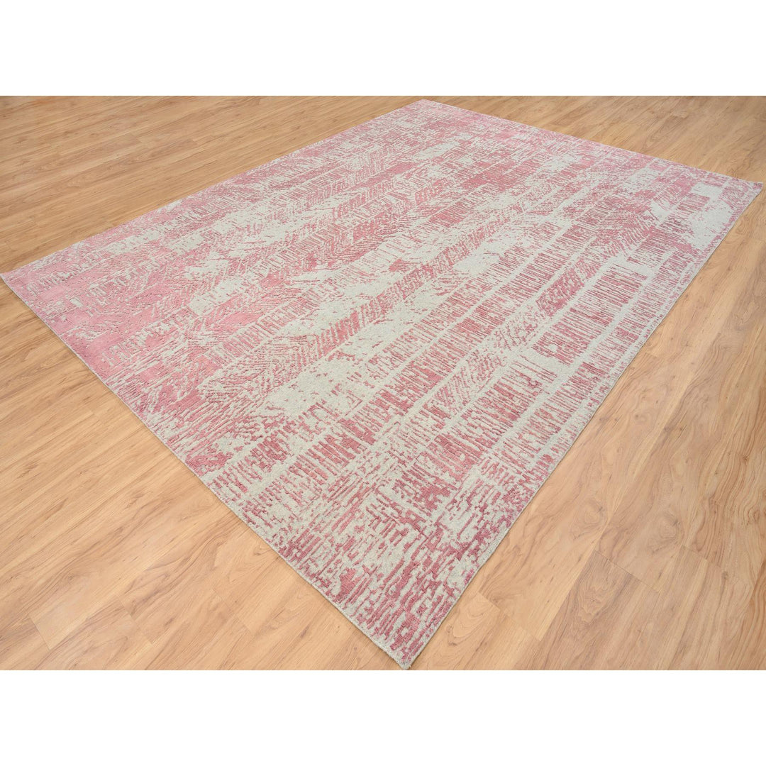 9'0" x 11'10" New Hand Loomed Pink Wool & Silk Rectangle Oriental Rug - MOA10264807