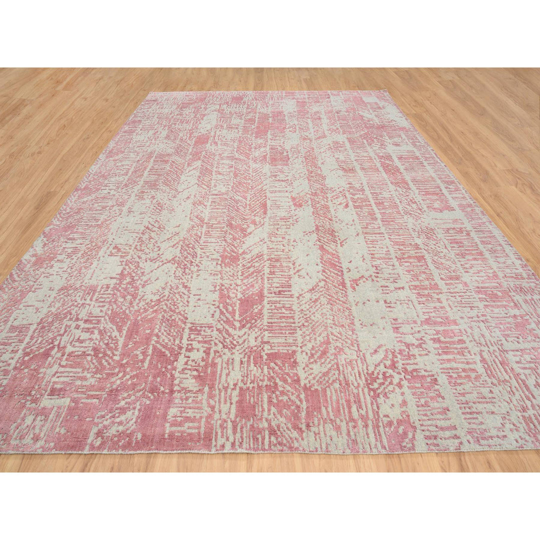 10'0" x 14'0" New Hand Loomed Pink Wool & Silk Rectangle Oriental Rug - MOA10264817