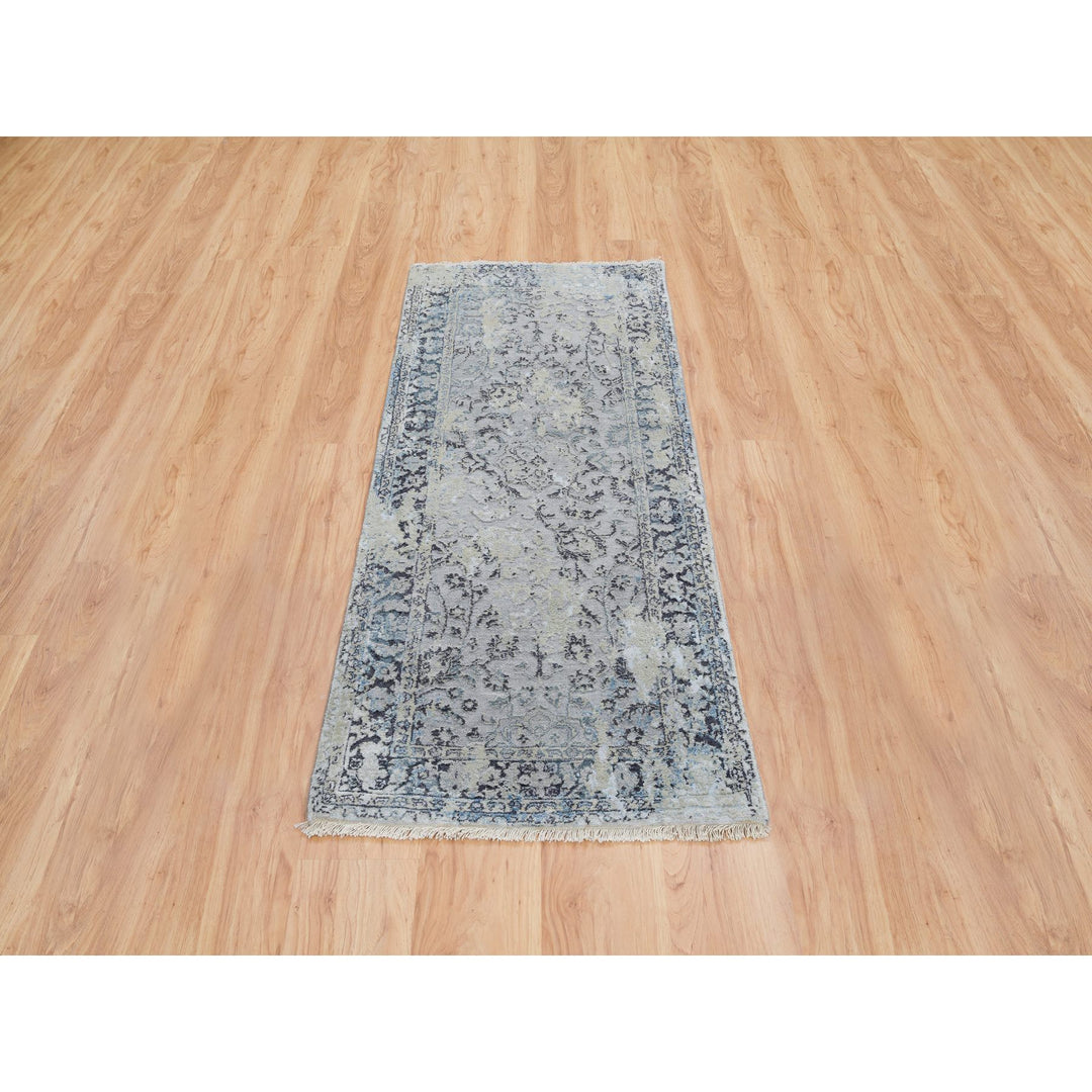 2'6" x 6'0" New Hand Knotted Grey Wool & Silk Runner Oriental Rug - MOA10264828