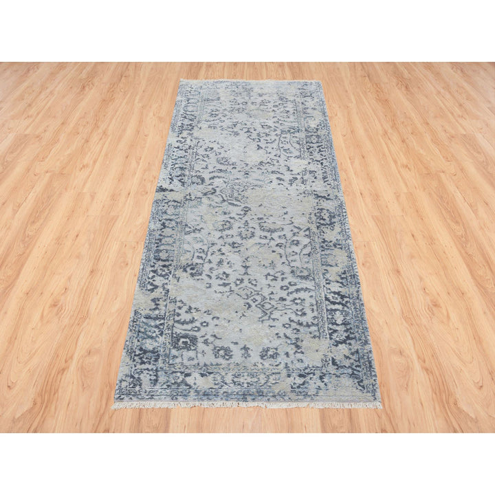 2'9" x 7'8" New Hand Knotted Grey Wool & Silk Runner Oriental Rug - MOA10264829