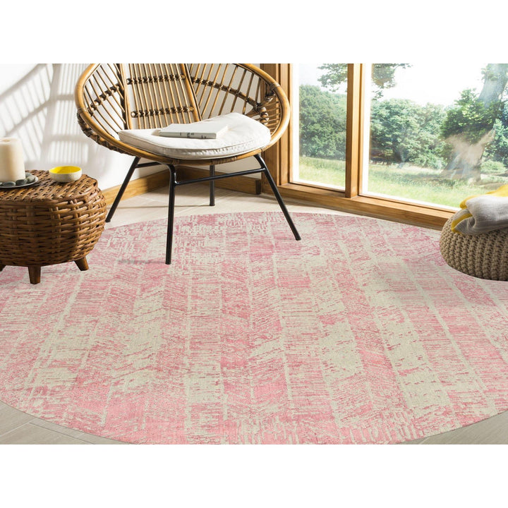 10'0" x 10'0" New Hand Loomed Pink Wool & Silk Round Oriental Rug - MOA10264842