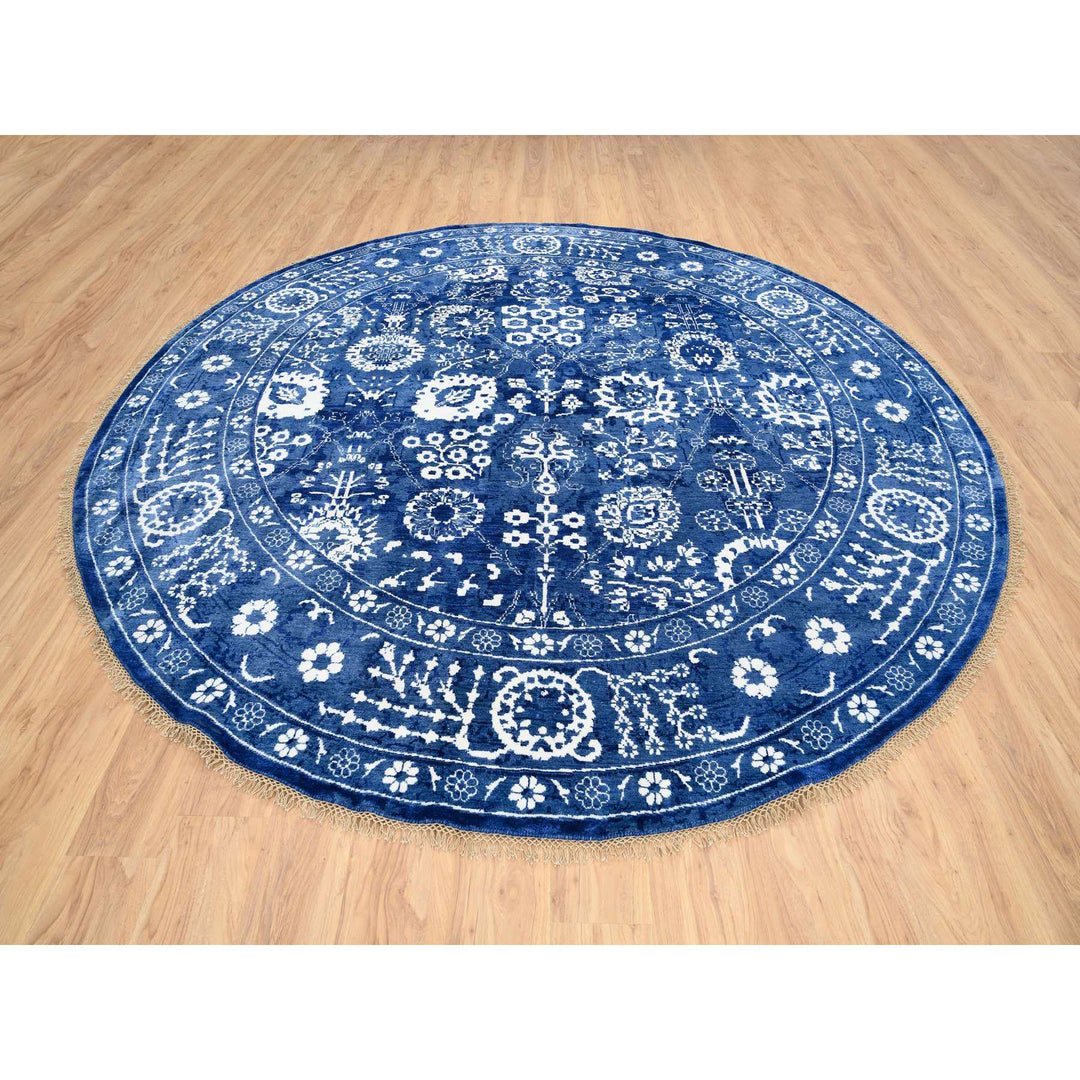 10'2" x 10'2" New Hand Knotted Blue Wool & Silk Round Oriental Rug - MOA10264847