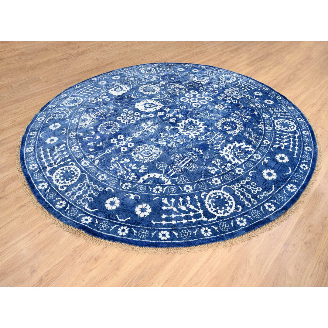 10'2" x 10'2" New Hand Knotted Blue Wool & Silk Round Oriental Rug - MOA10264847