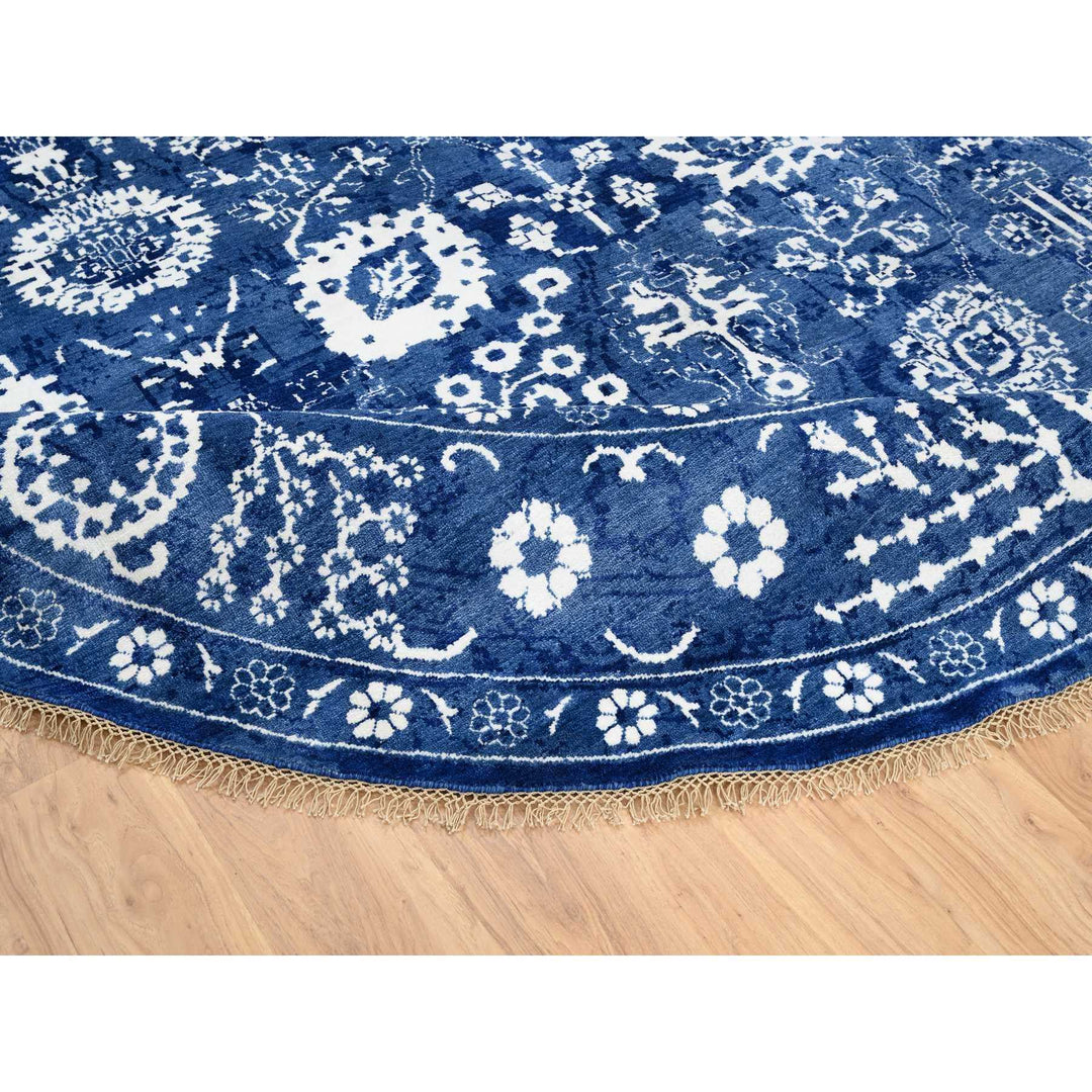 10'2" x 10'2" New Hand Knotted Blue Wool & Silk Round Oriental Rug - MOA10264847