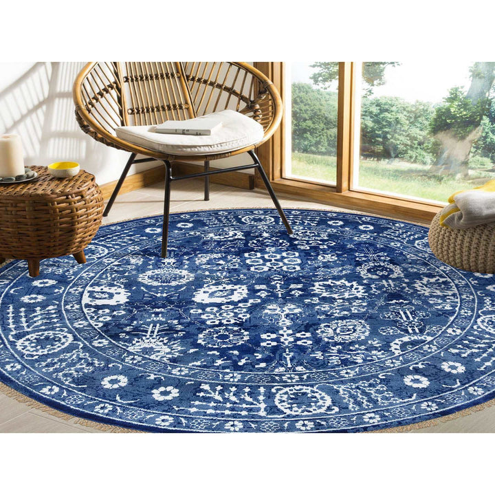 8'2" x 8'2" New Hand Knotted Blue Wool & Silk Round Oriental Rug - MOA10264849