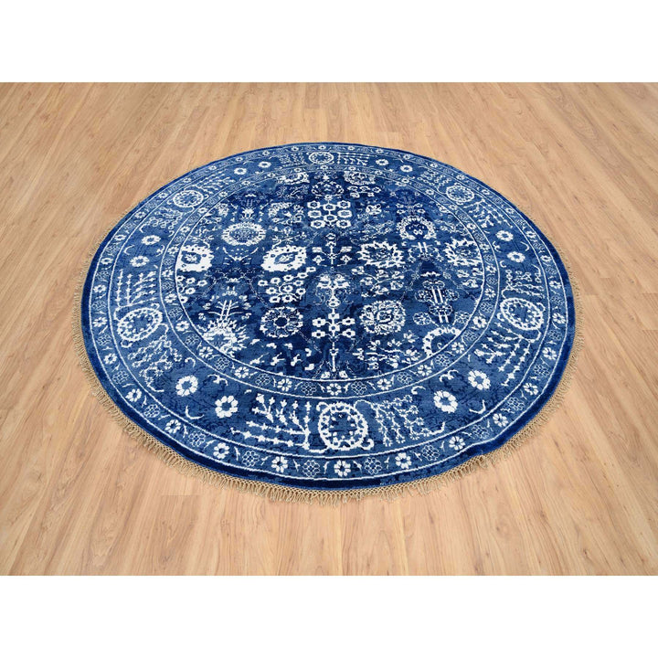 8'2" x 8'2" New Hand Knotted Blue Wool & Silk Round Oriental Rug - MOA10264849