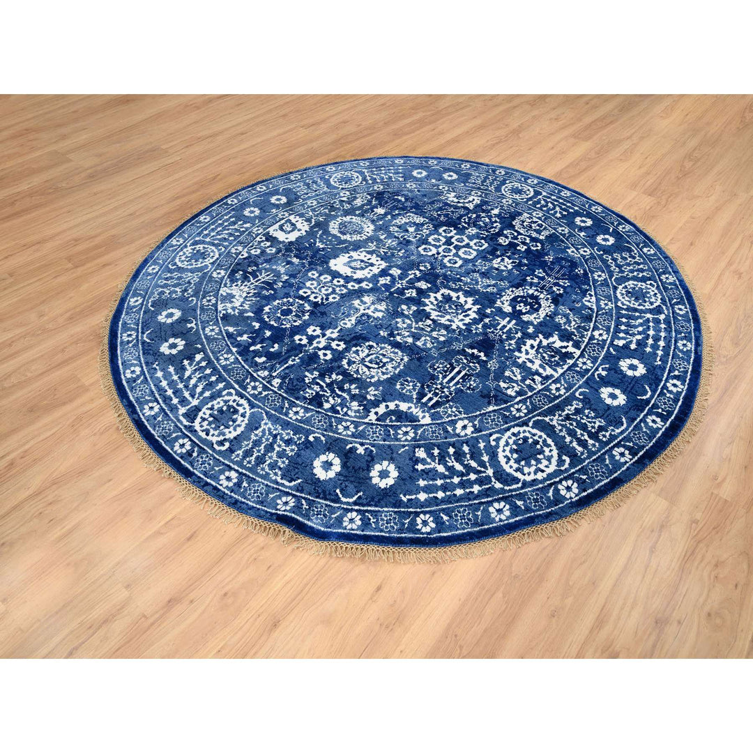 8'2" x 8'2" New Hand Knotted Blue Wool & Silk Round Oriental Rug - MOA10264849