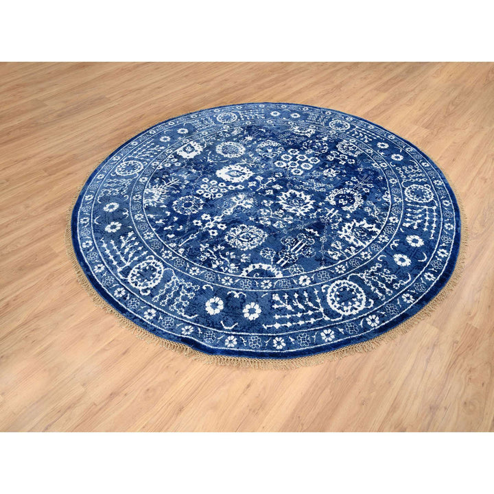 8'2" x 8'2" New Hand Knotted Blue Wool & Silk Round Oriental Rug - MOA10264849