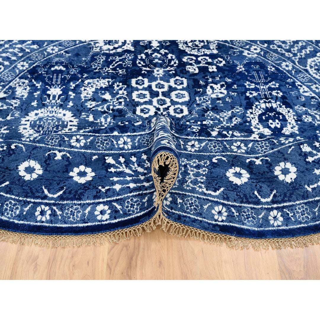 8'2" x 8'2" New Hand Knotted Blue Wool & Silk Round Oriental Rug - MOA10264849