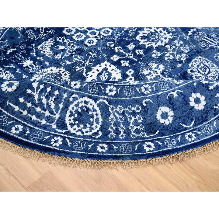 8'2" x 8'2" New Hand Knotted Blue Wool & Silk Round Oriental Rug - MOA10264849