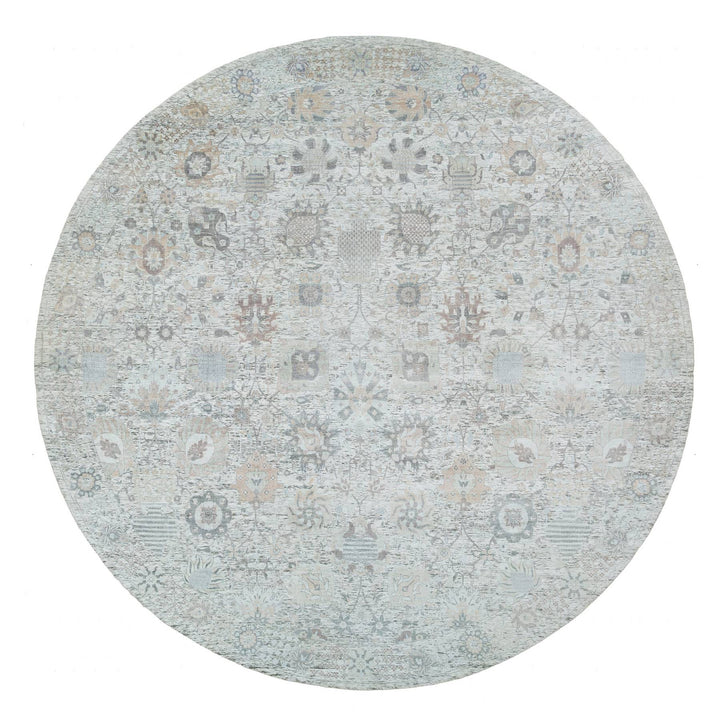 14'0" x 14'0" New Hand Knotted Ivory Wool & Silk Round Oriental Rug - MOA10264911