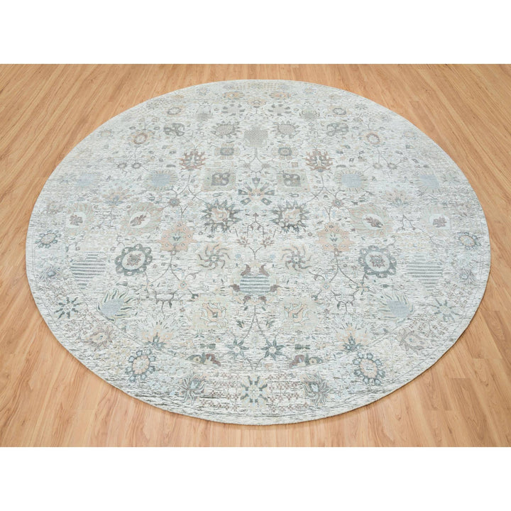 14'0" x 14'0" New Hand Knotted Ivory Wool & Silk Round Oriental Rug - MOA10264911